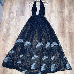 Michael Costello x REVOLVE Simone Gown in Onyx Halter Small S Sheer Lace Beading